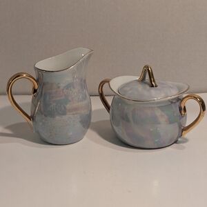 Vintage Napco Ceramic Sugar & Creamer, Iridescent Gold Trim Made In Japan